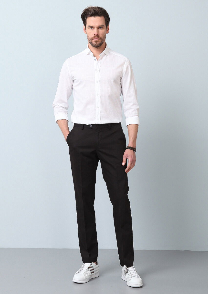 Siyah Düz Dokuma Regular Fit Smart Casual Pamuk Karışımlı Pantolon - 1