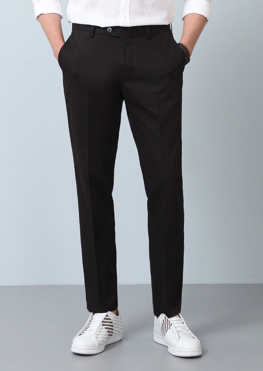 Siyah Düz Dokuma Regular Fit Smart Casual Pamuk Karışımlı Pantolon - 2