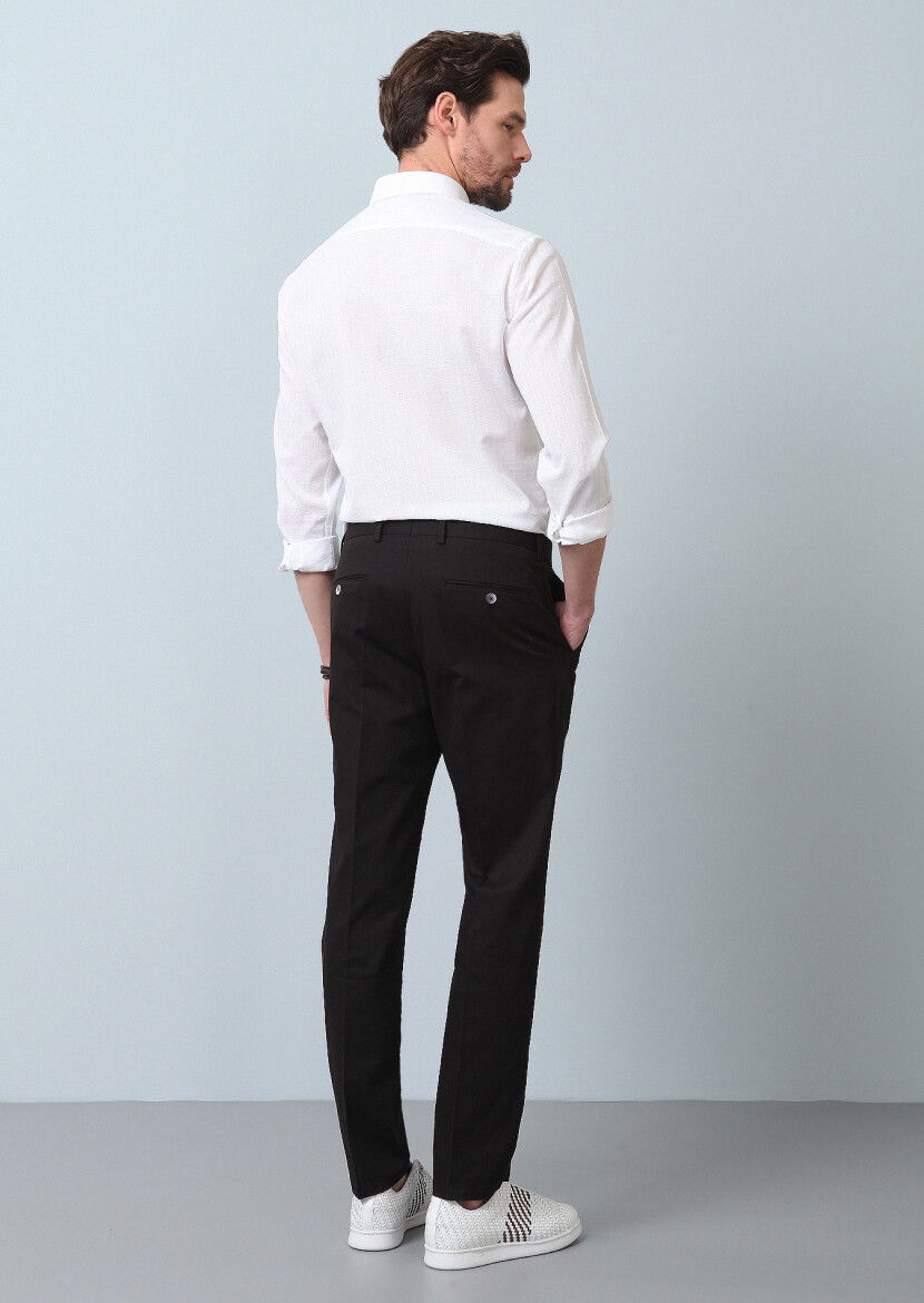 Siyah Düz Dokuma Regular Fit Smart Casual Pamuk Karışımlı Pantolon - 4