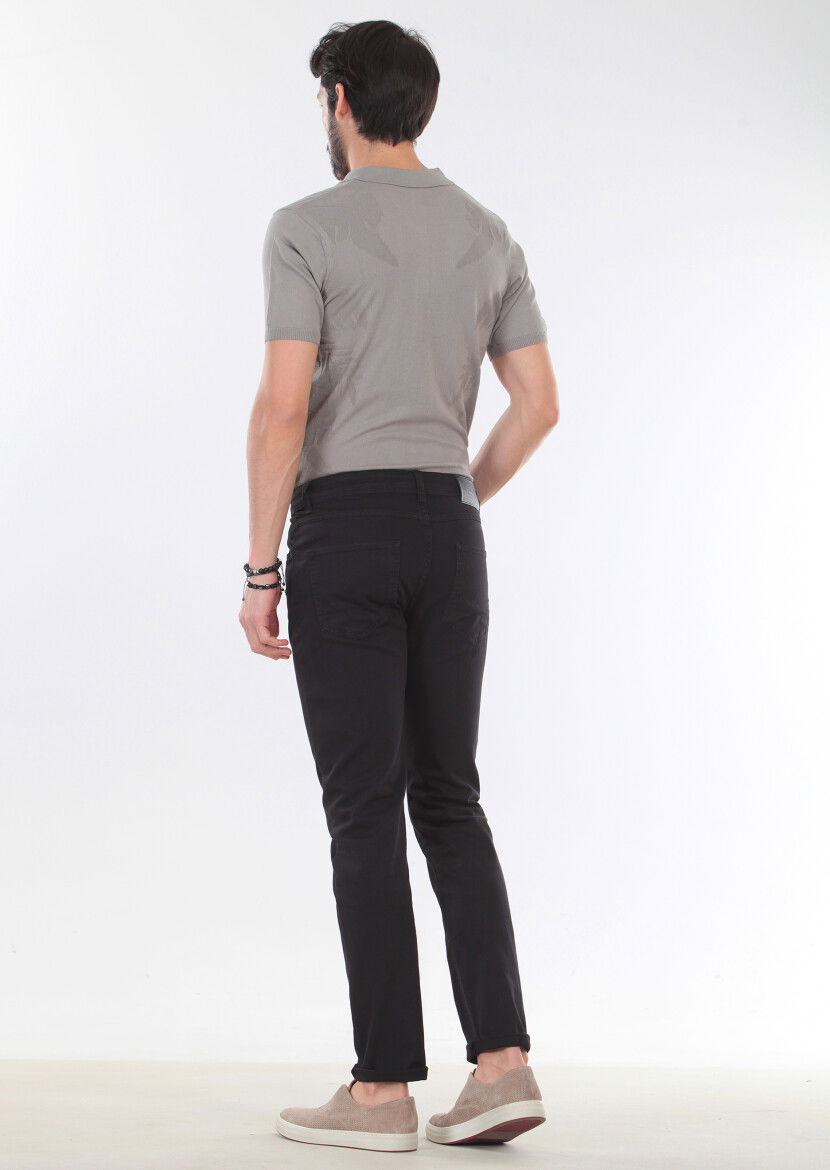 Siyah Düz Dokuma Slim Fit Casual Pamuk Karışımlı Pantolon 