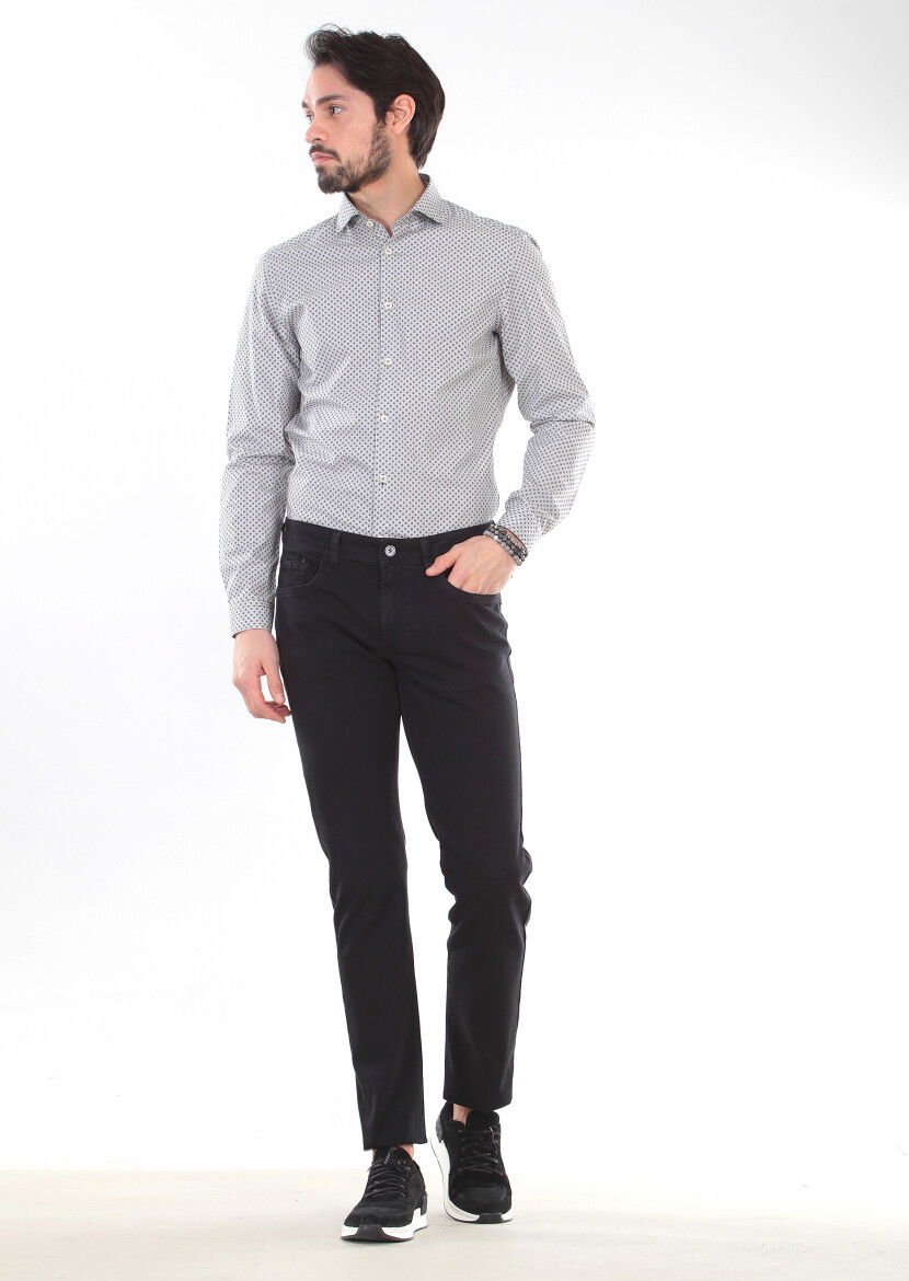 Siyah Düz Dokuma Slim Fit Casual Pamuk Karışımlı Pantolon 