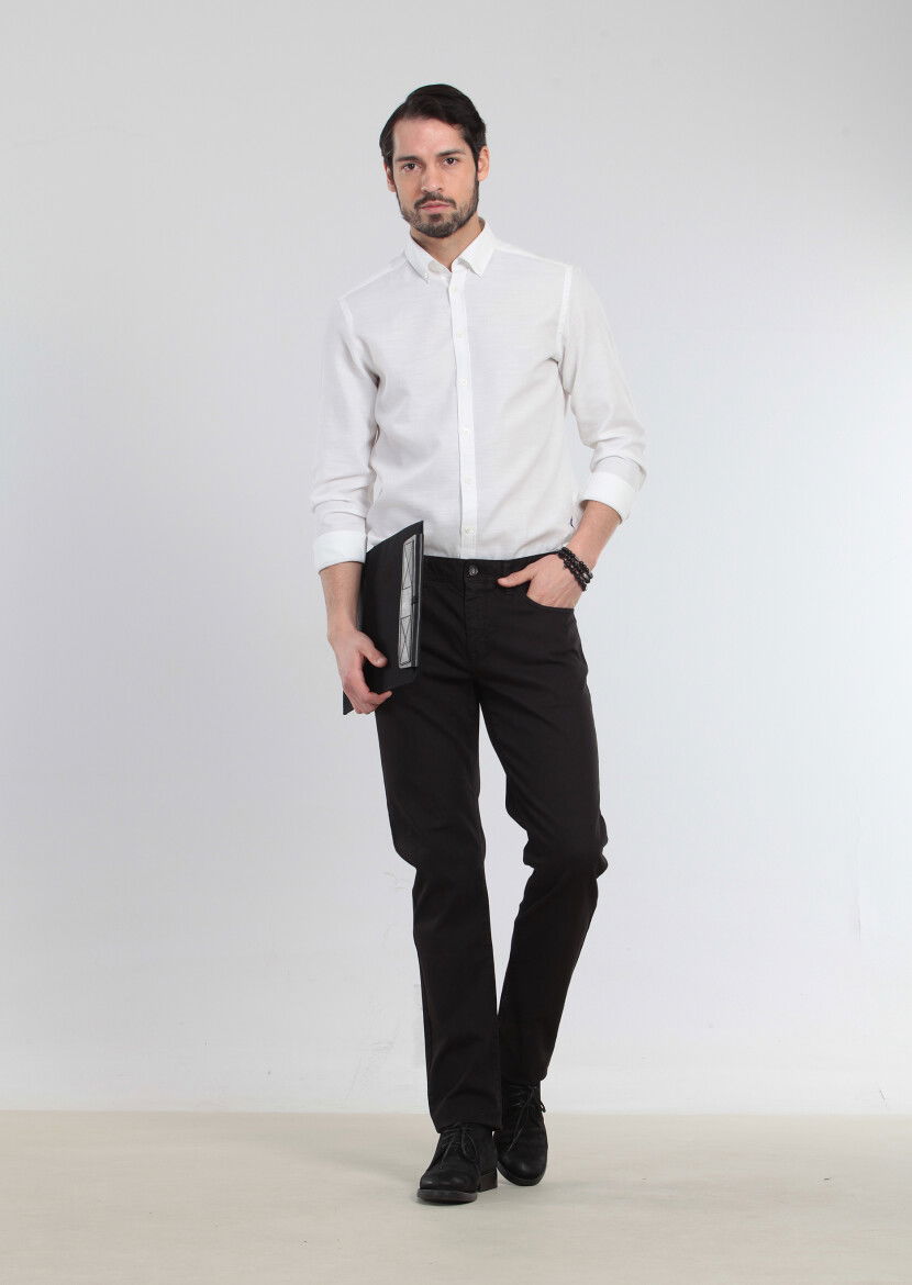 Siyah Düz Dokuma Slim Fit Casual Pamuk Karışımlı Pantolon - 1