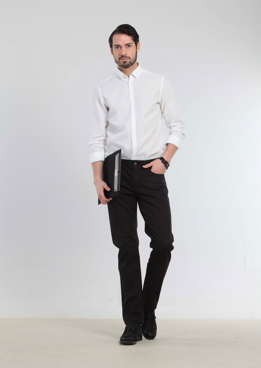 Siyah Düz Dokuma Slim Fit Casual Pamuk Karışımlı Pantolon - 1