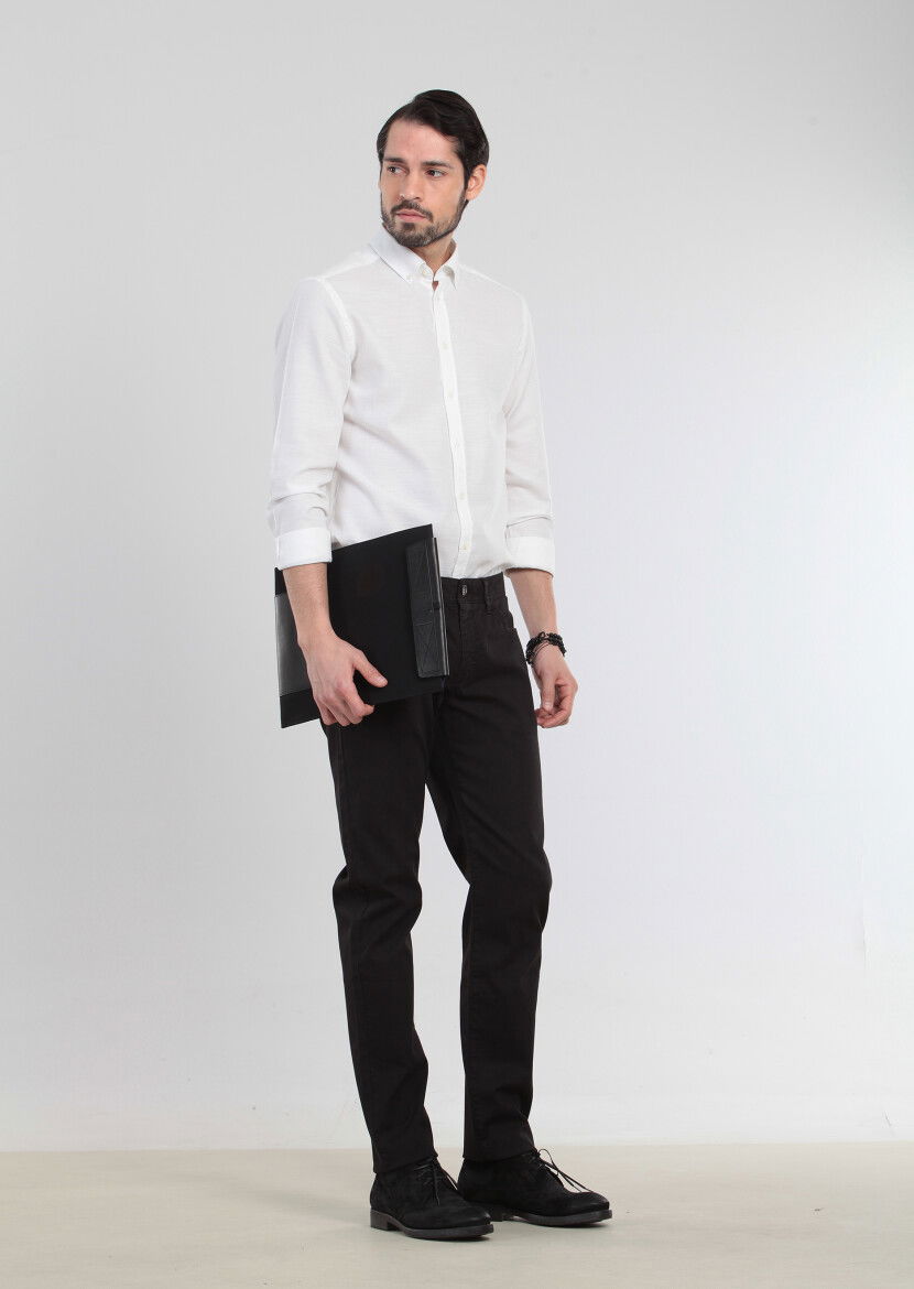 Siyah Düz Dokuma Slim Fit Casual Pamuk Karışımlı Pantolon - 3