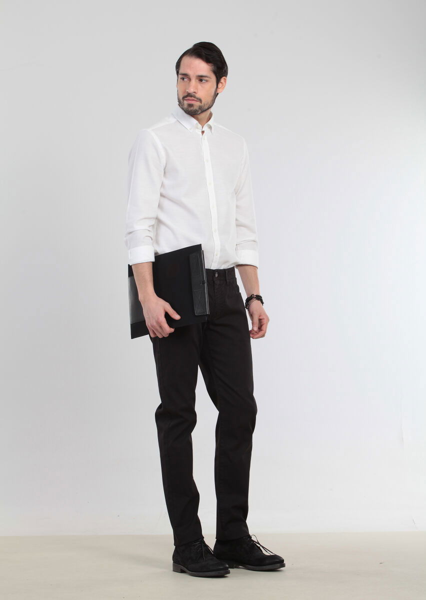 Siyah Düz Dokuma Slim Fit Casual Pamuk Karışımlı Pantolon - 3