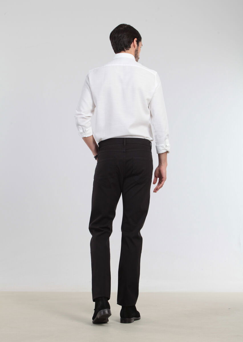 Siyah Düz Dokuma Slim Fit Casual Pamuk Karışımlı Pantolon - 5