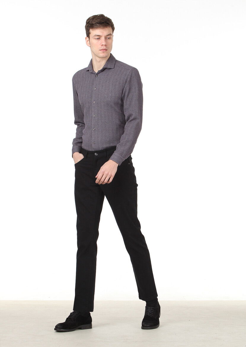 Siyah Düz Dokuma Slim Fit Casual Pamuk Karışımlı Pantolon - 1