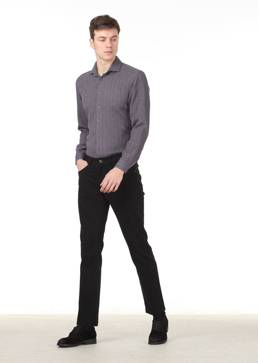 Siyah Düz Dokuma Slim Fit Casual Pamuk Karışımlı Pantolon - 1