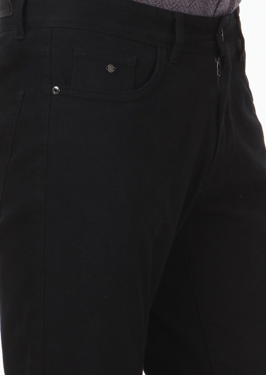 Siyah Düz Dokuma Slim Fit Casual Pamuk Karışımlı Pantolon - 3