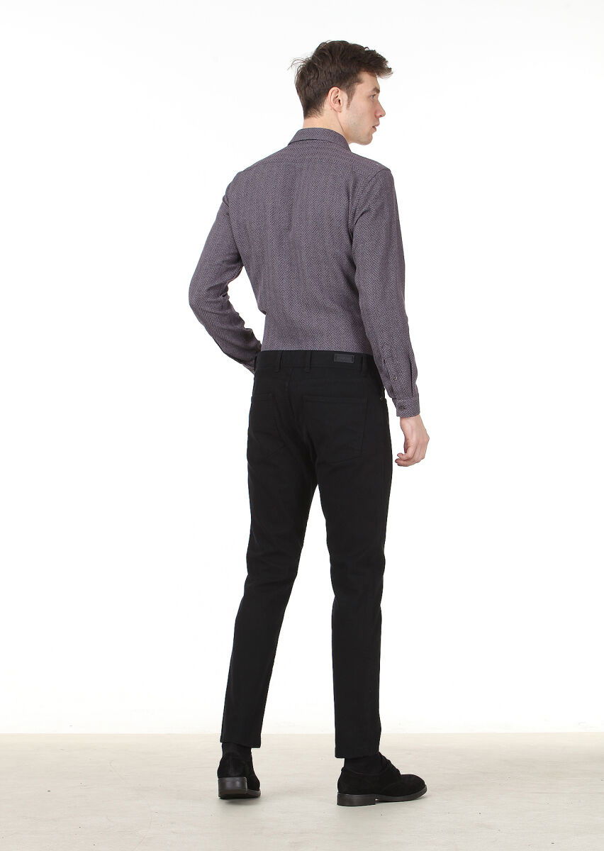 Siyah Düz Dokuma Slim Fit Casual Pamuk Karışımlı Pantolon - 4