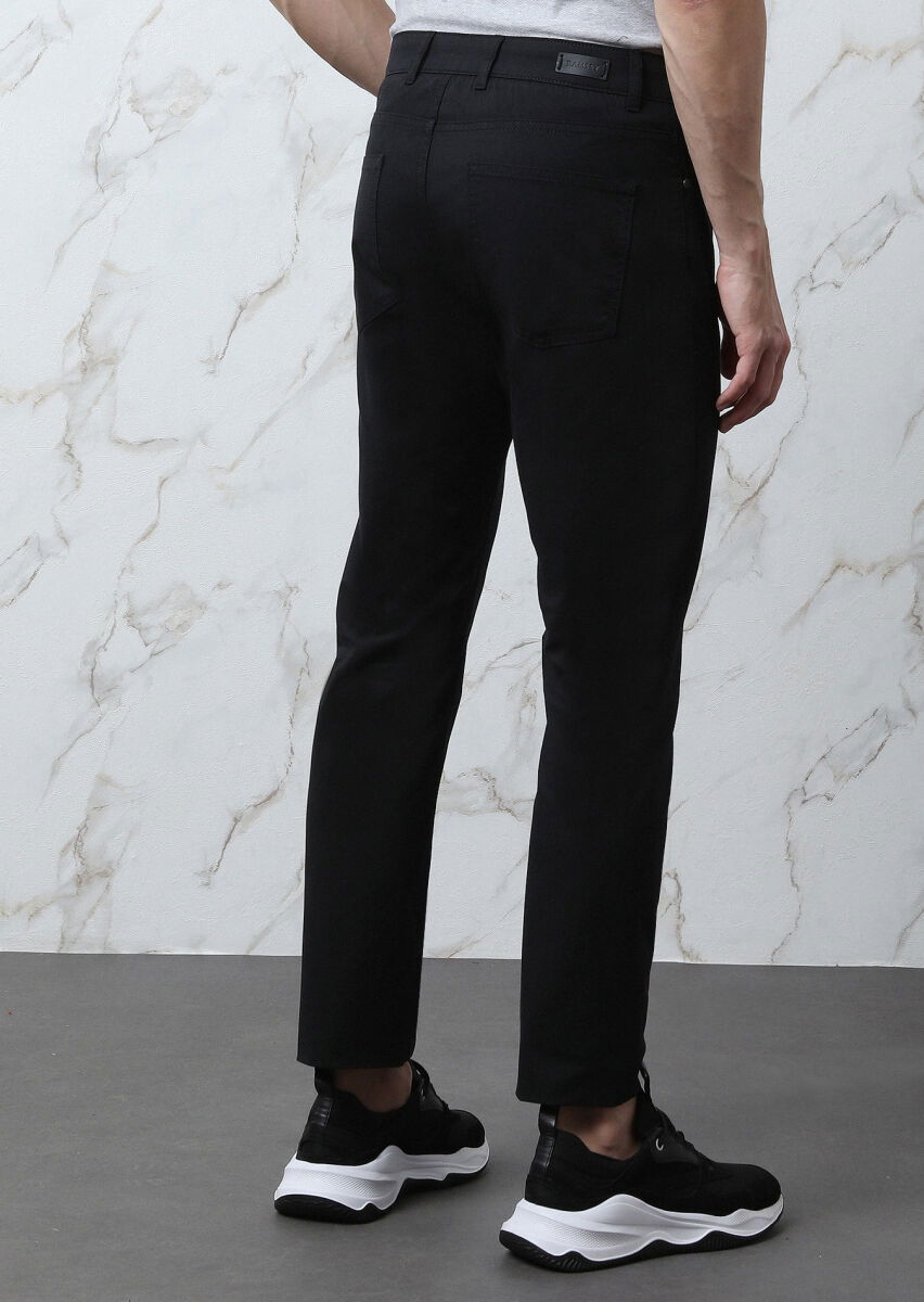 Siyah Düz Dokuma Slim Fit Casual Pamuk Karışımlı Pantolon - 5