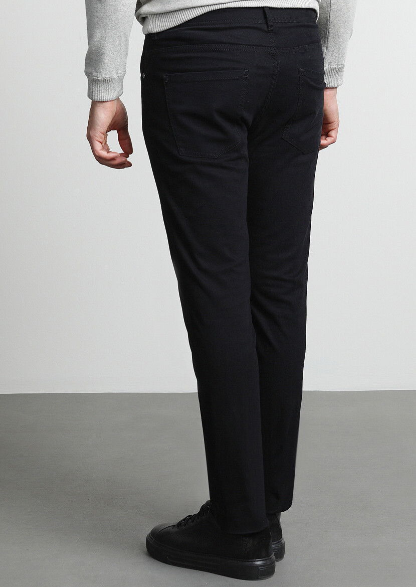 Siyah Düz Dokuma Slim Fit Casual Pamuk Karışımlı Pantolon - 4