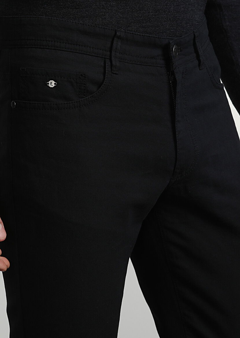 Siyah Düz Dokuma Slim Fit Casual Pamuk Karışımlı Pantolon - 2