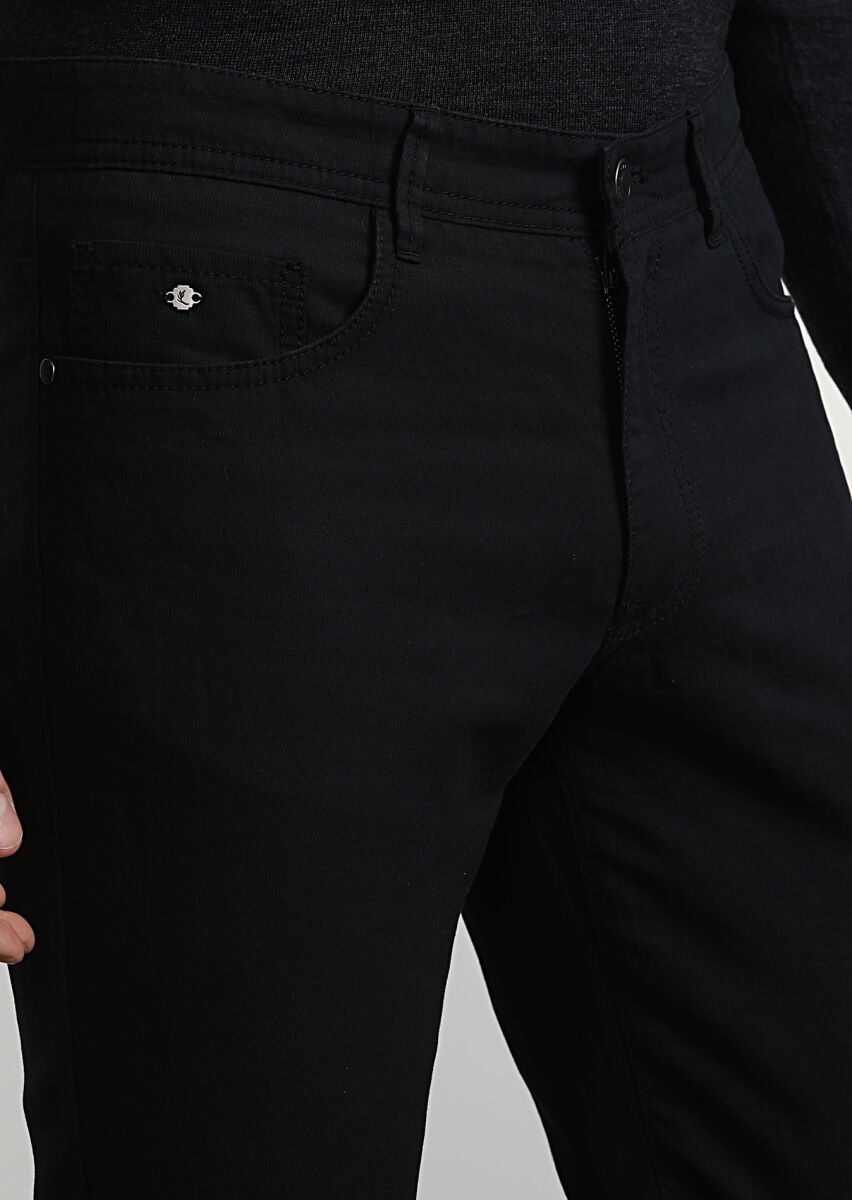 Siyah Düz Dokuma Slim Fit Casual Pamuk Karışımlı Pantolon - 2