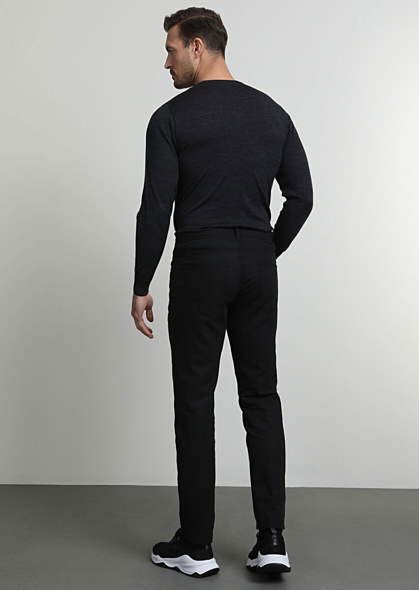 Siyah Düz Dokuma Slim Fit Casual Pamuk Karışımlı Pantolon - 4