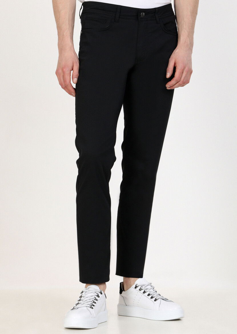 Siyah Düz Dokuma Slim Fit Casual Pamuk Karışımlı Pantolon - 2