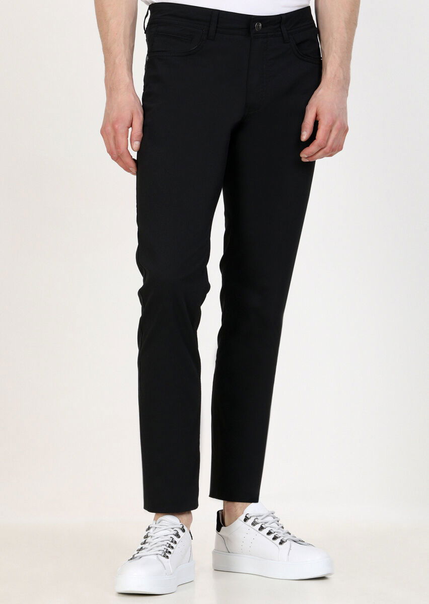Siyah Düz Dokuma Slim Fit Casual Pamuk Karışımlı Pantolon - 2
