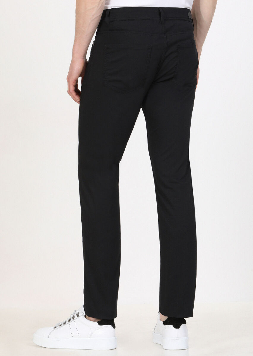 Siyah Düz Dokuma Slim Fit Casual Pamuk Karışımlı Pantolon - 4