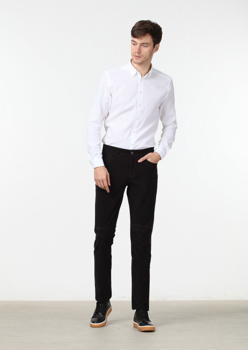 Siyah Düz Dokuma Slim Fit Kadife Casual Pamuk Karışımlı Pantolon 