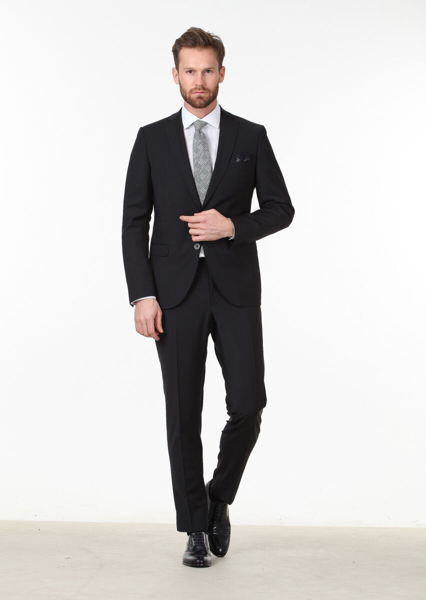 Siyah Düz Fashion Slim Fit Yün Karışımlı Takım Elbise - 1