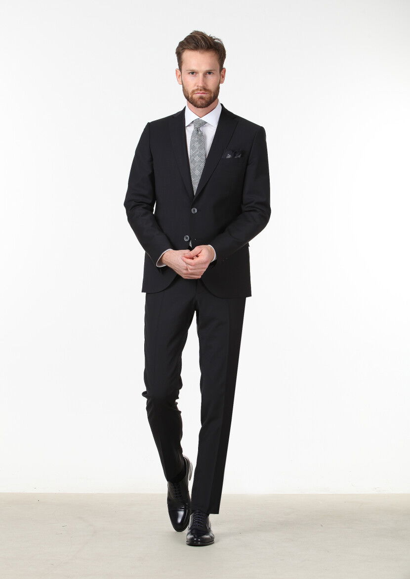 Siyah Düz Fashion Slim Fit Yün Karışımlı Takım Elbise - 2