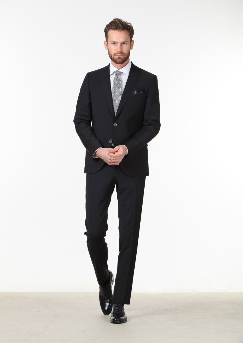 Siyah Düz Fashion Slim Fit Yün Karışımlı Takım Elbise - 2