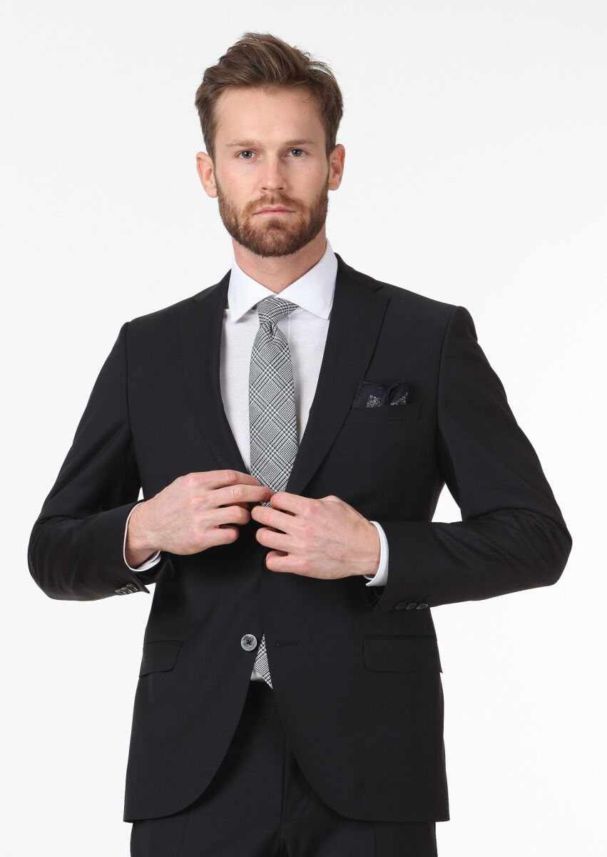 Siyah Düz Fashion Slim Fit Yün Karışımlı Takım Elbise - 3