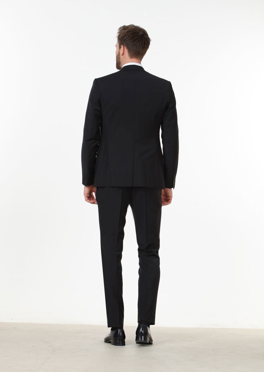 Siyah Düz Fashion Slim Fit Yün Karışımlı Takım Elbise - 4
