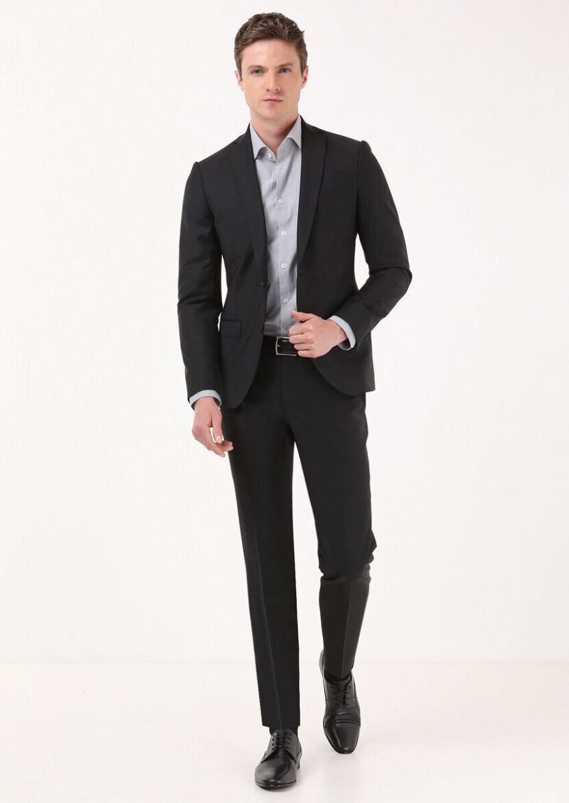 Siyah Düz Fashion Slim Fit Yün Karışımlı Takım Elbise - 4