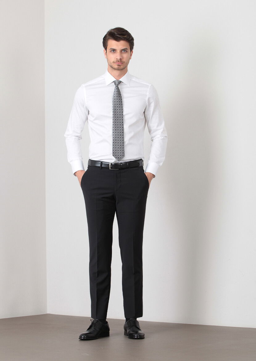Siyah Düz Kumaş Modern Fit Klasik Yün Karışımlı Pantolon 