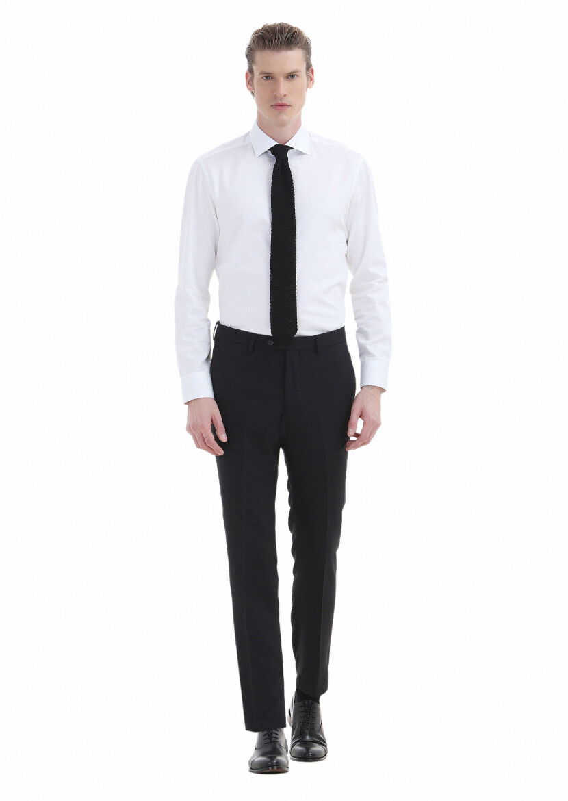 Siyah Düz Kumaş Modern Fit Klasik Yün Karışımlı Pantolon - 1
