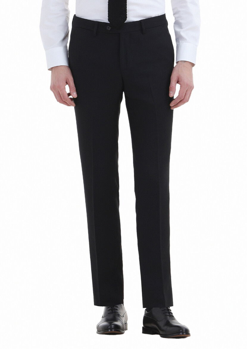 Siyah Düz Kumaş Modern Fit Klasik Yün Karışımlı Pantolon - 2