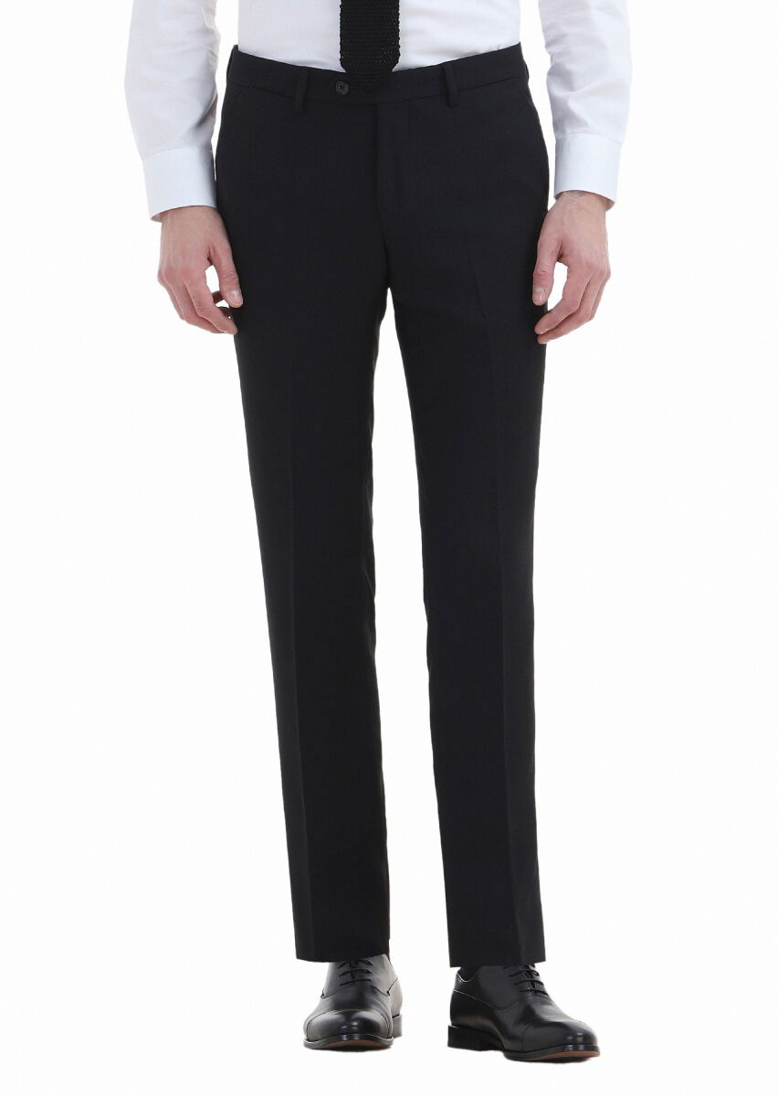 Siyah Düz Kumaş Modern Fit Klasik Yün Karışımlı Pantolon - 2