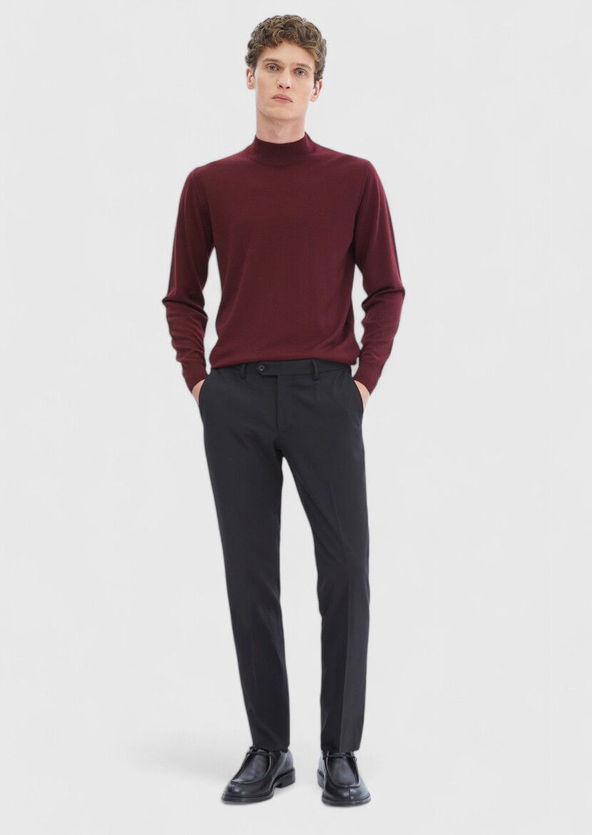 Siyah Düz Kumaş Modern Fit Klasik Yün Karışımlı Pantolon - 1