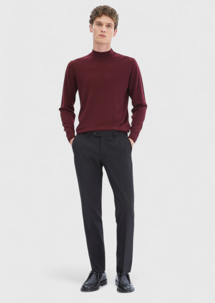 Siyah Düz Kumaş Modern Fit Klasik Yün Karışımlı Pantolon - 1