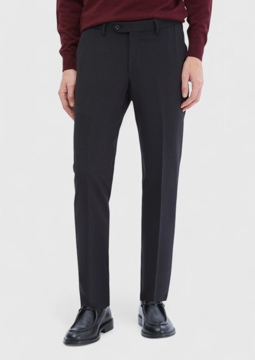 Siyah Düz Kumaş Modern Fit Klasik Yün Karışımlı Pantolon - 2