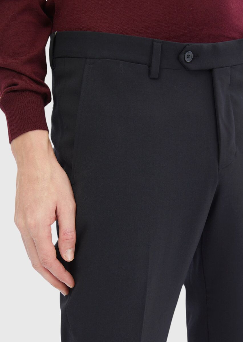 Siyah Düz Kumaş Modern Fit Klasik Yün Karışımlı Pantolon - 3