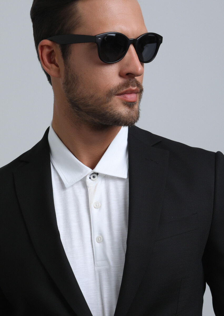 Siyah Düz Modern Fit Yün Karışımlı Takım Elbise - 1