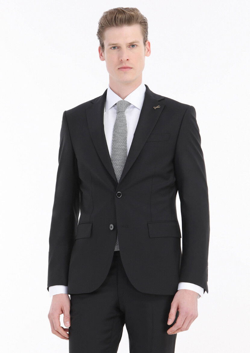 Siyah Düz Modern Fit Yün Karışımlı Takım Elbise - 1