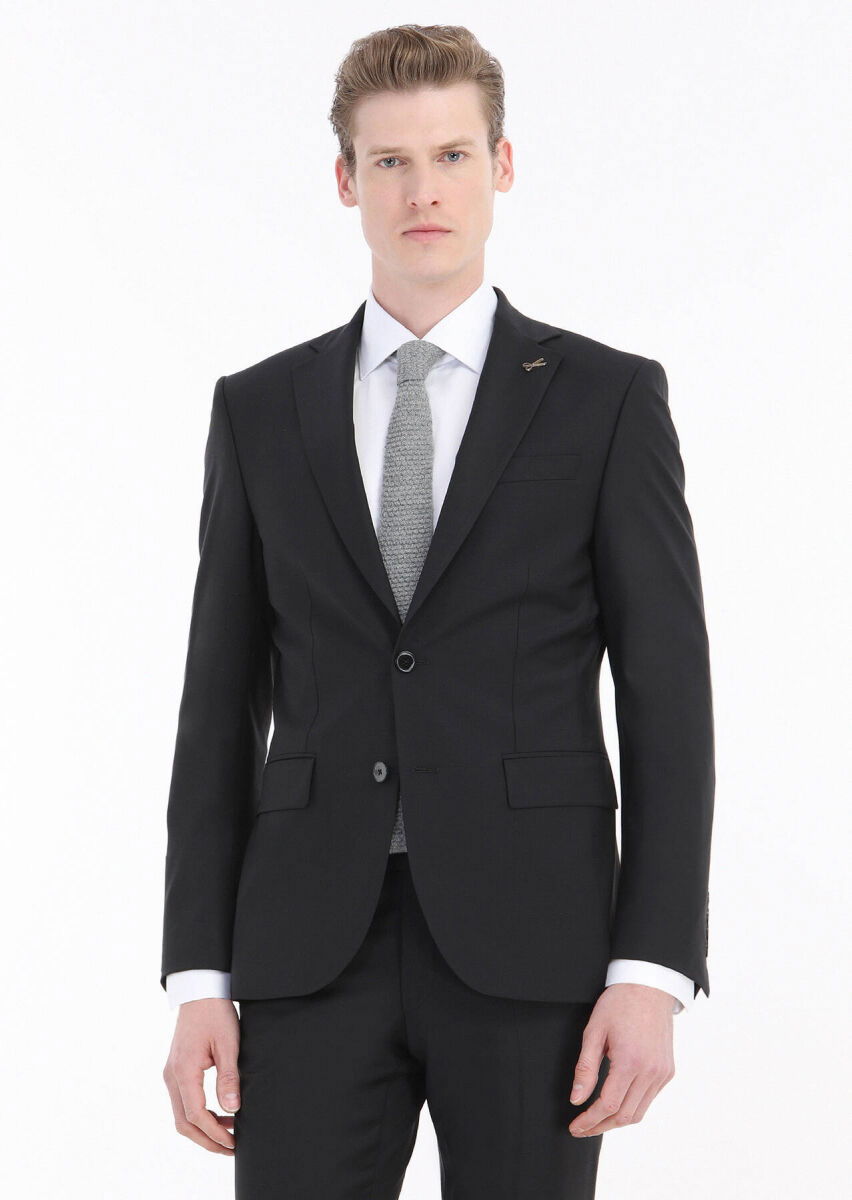 Siyah Düz Modern Fit Yün Karışımlı Takım Elbise - 1