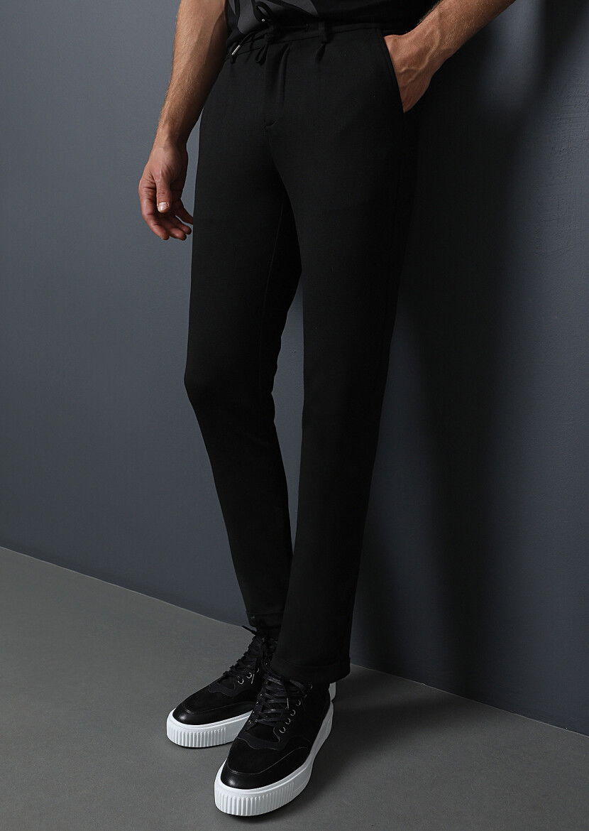 Siyah Düz Örme Jogging Fit Casual Pantolon 
