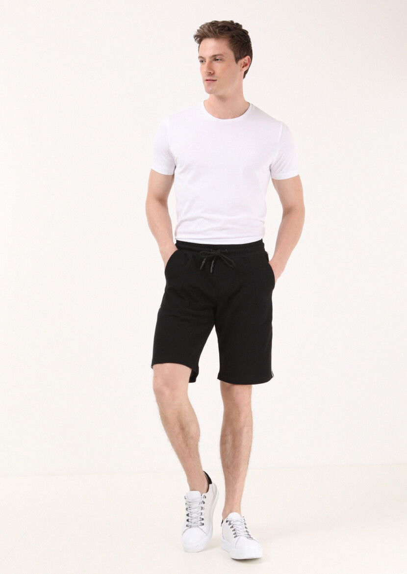 Siyah Düz Örme Regular Fit Casual %100 Pamuk Bermuda - 1