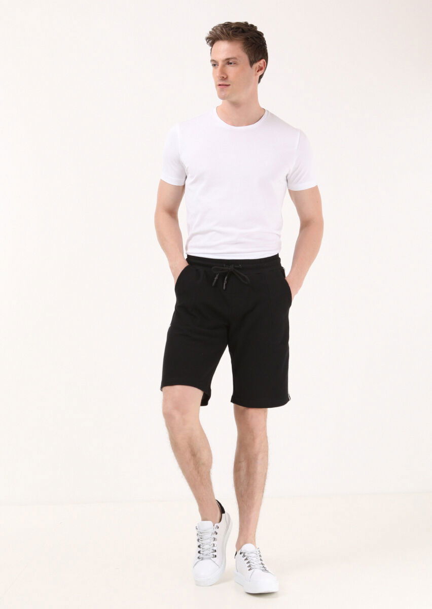 Siyah Düz Örme Regular Fit Casual %100 Pamuk Bermuda - 1