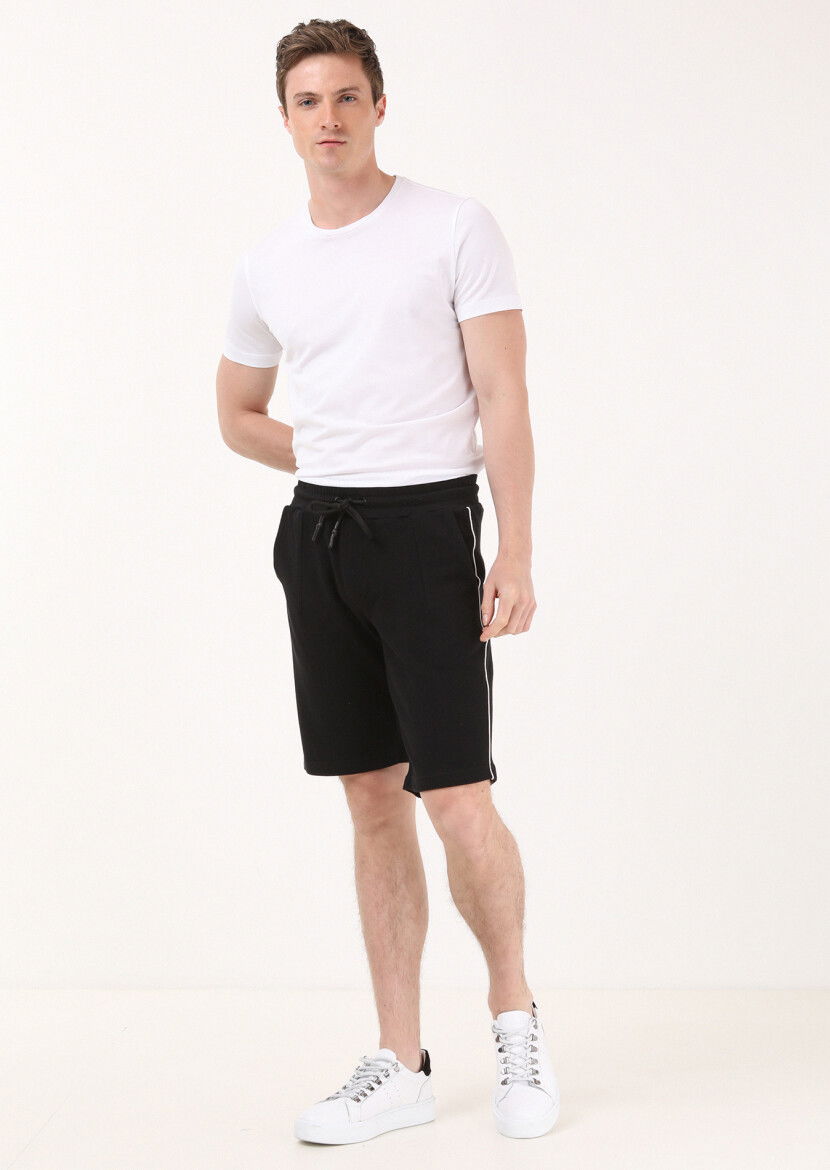 Siyah Düz Örme Regular Fit Casual %100 Pamuk Bermuda - 3