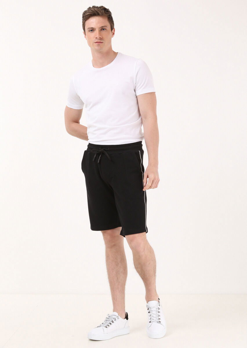Siyah Düz Örme Regular Fit Casual %100 Pamuk Bermuda - 3