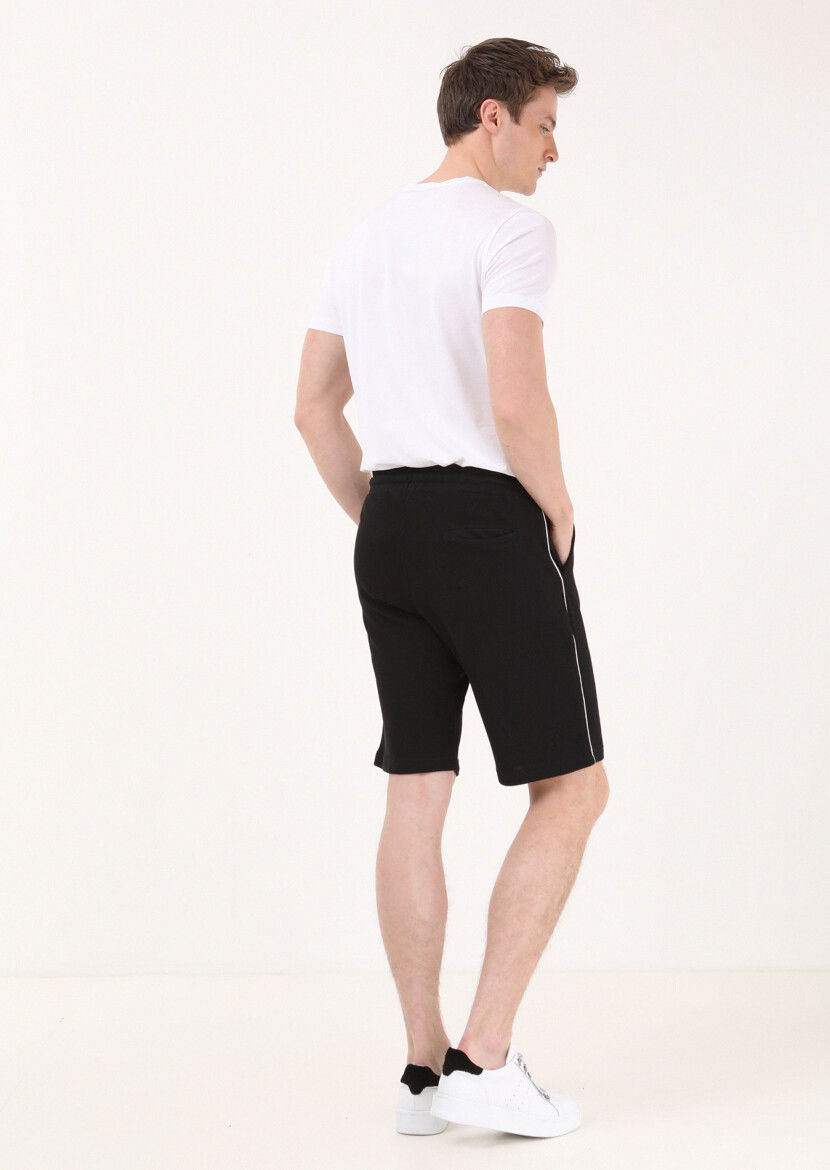 Siyah Düz Örme Regular Fit Casual %100 Pamuk Bermuda - 4