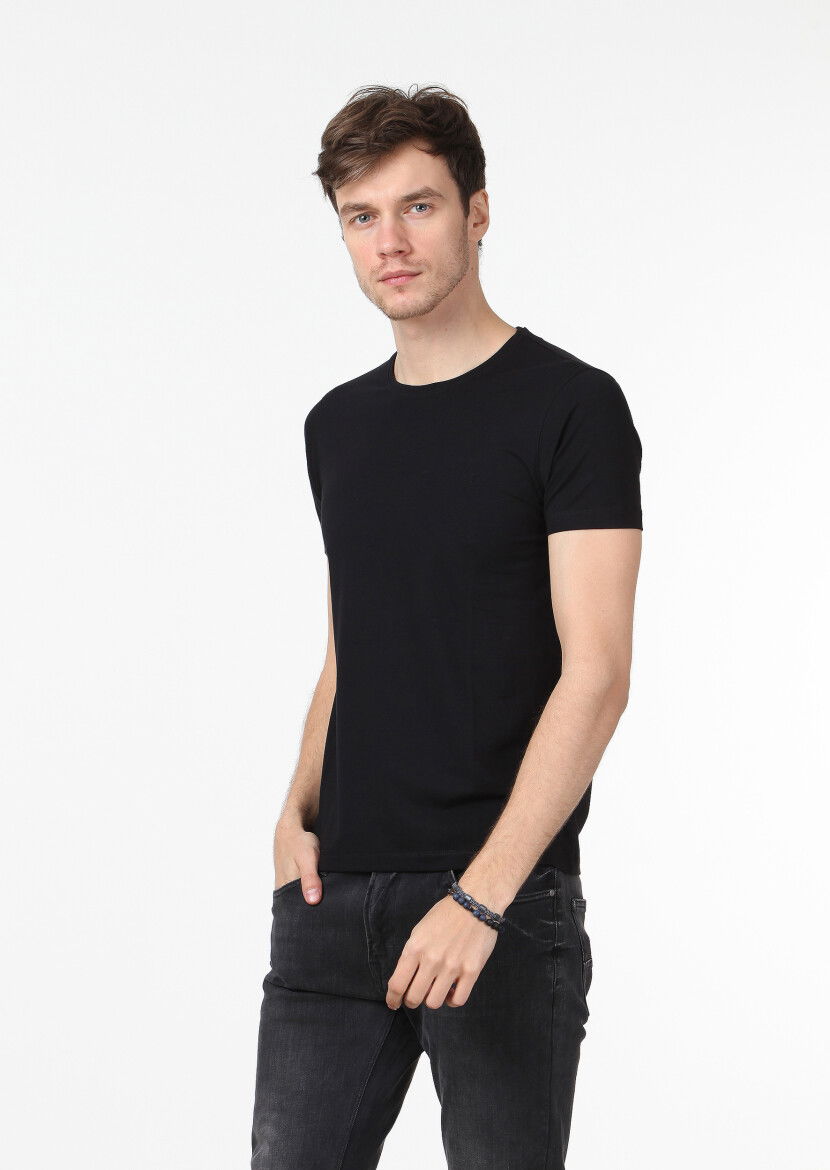 Siyah Düz Pamuk Karışımlı T-Shirt 