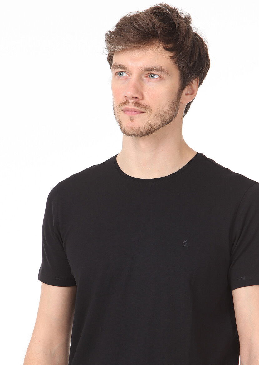 Siyah Düz Pamuk Karışımlı T-Shirt 