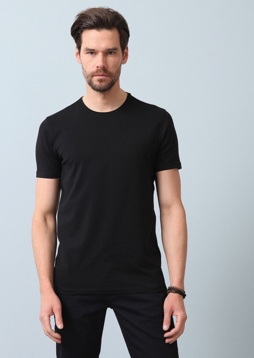 Siyah Düz Pamuk Karışımlı T-Shirt - 2