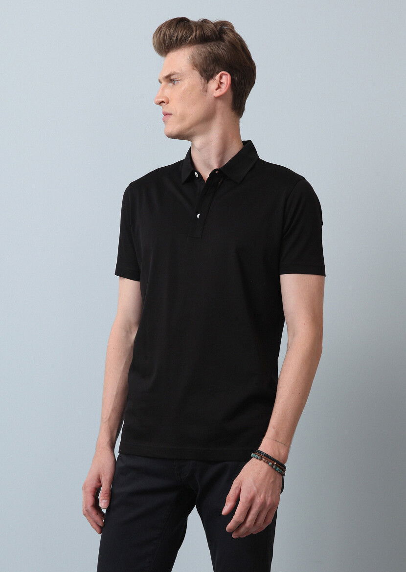 Siyah Düz Polo Yaka %100 Pamuk T-Shirt 